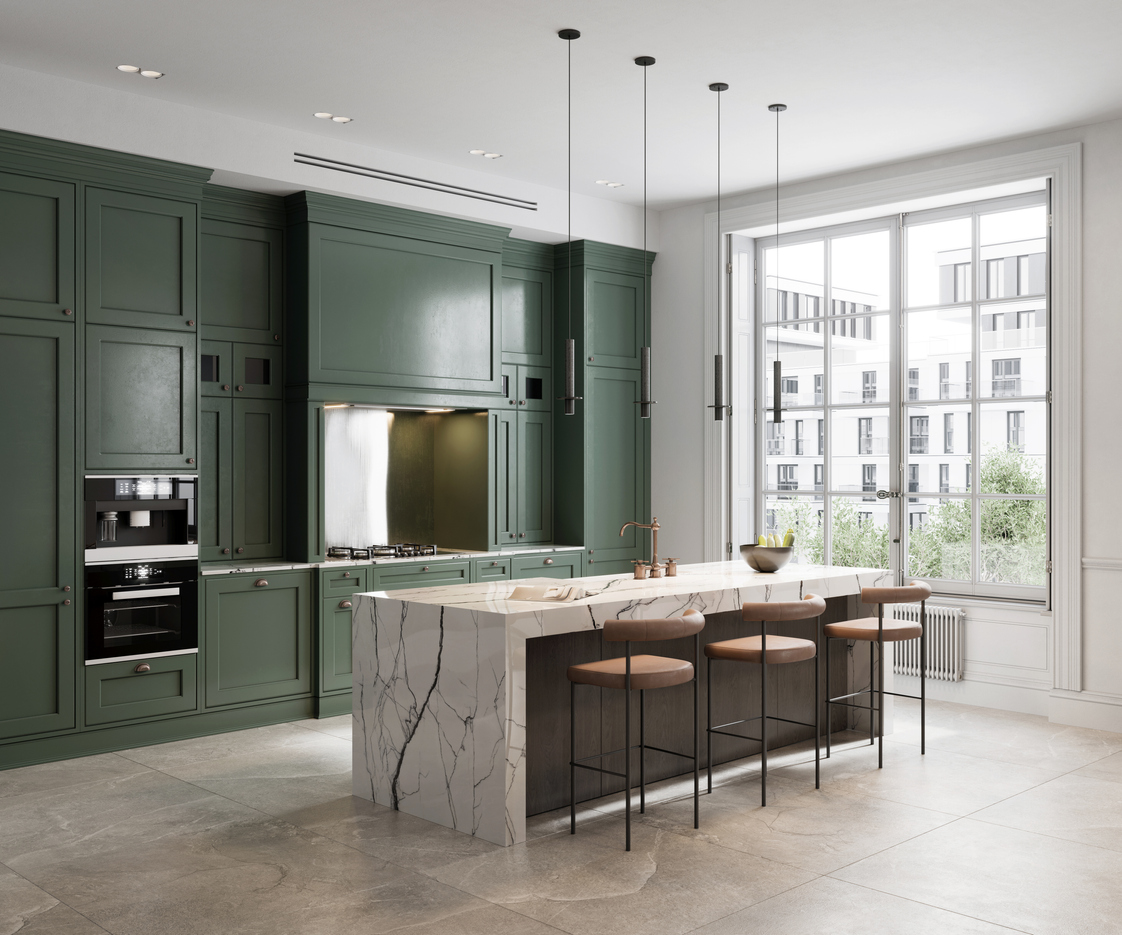 spacious kitchen with large window and marble island and barstools with cabinets and wall in accent dark green