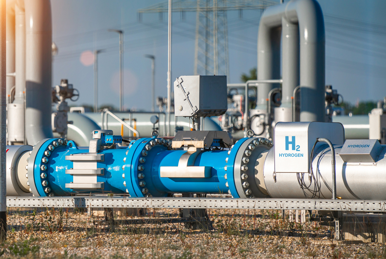 view of one blue and silver section of hydrogen clean energy pipeline in outdoor fuel system