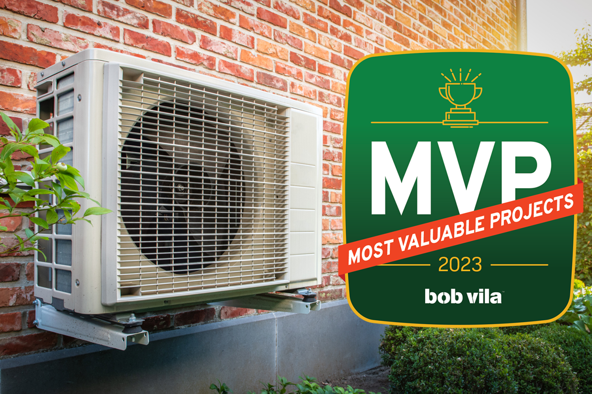 heat pump installed on brick exterior with bob vilas most valuable projects 2023 logo overlay