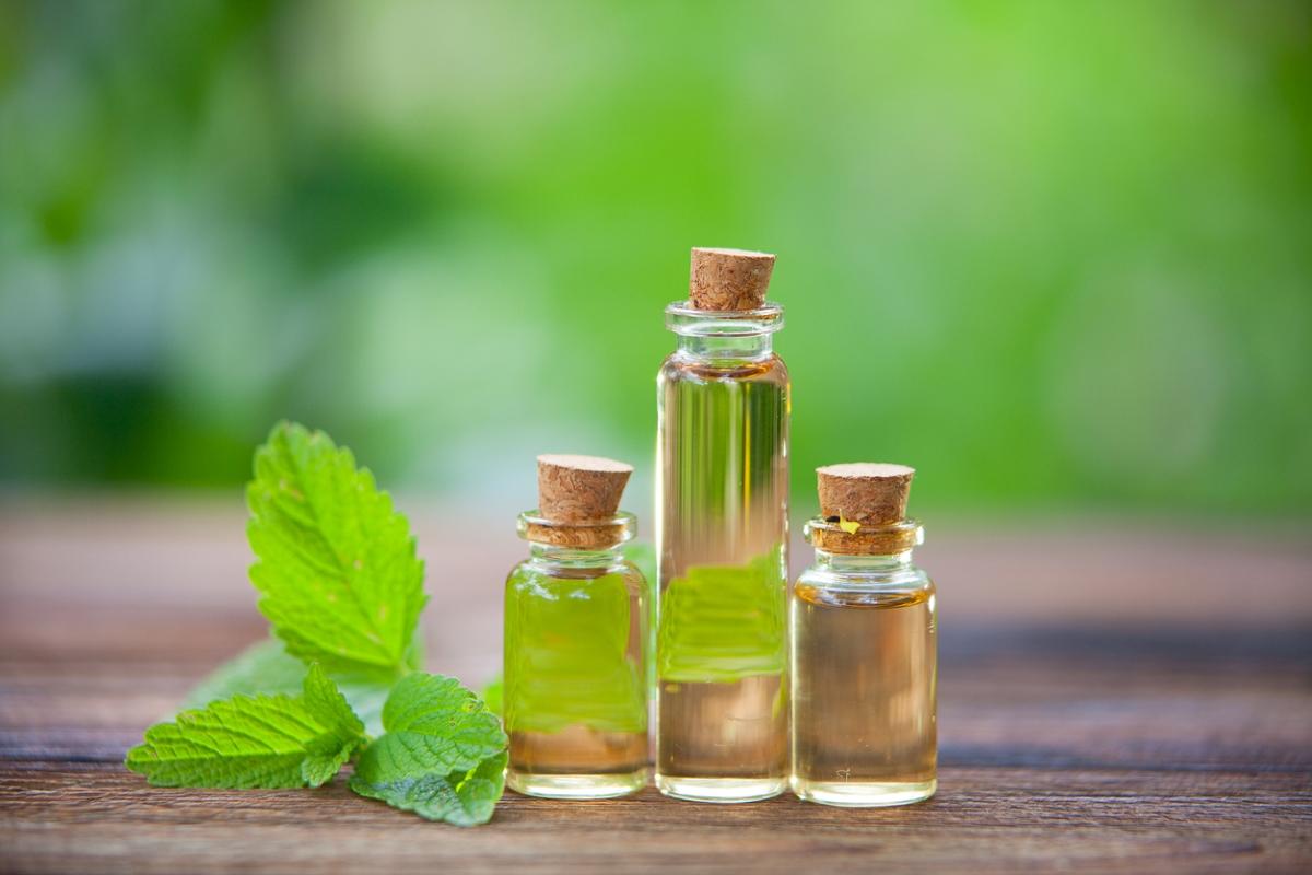 Essential oil in clear bottles