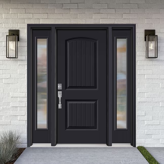 Black front door with sidelights and sconces.