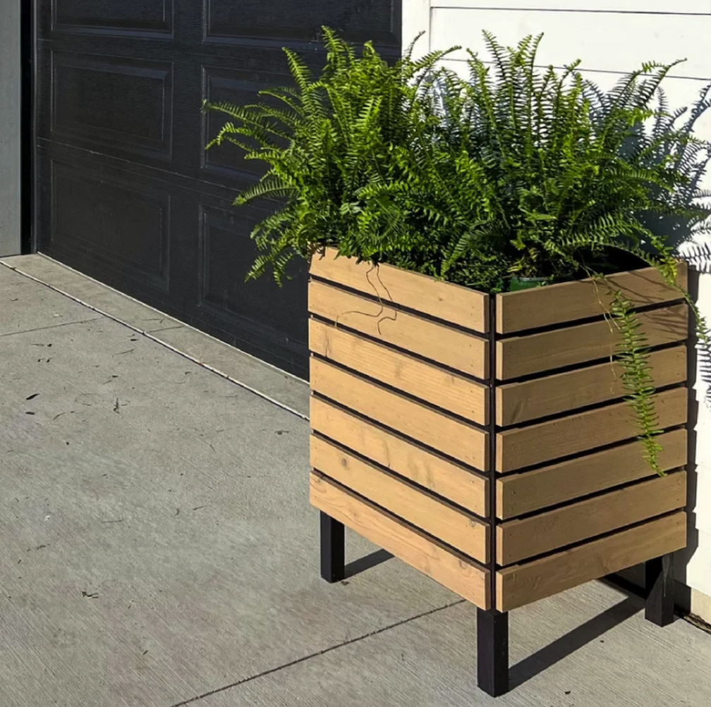 fern plant in square slatted planter box on driveway next to garage