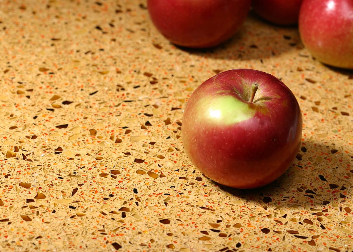 colorful recycled glass countertop with apples