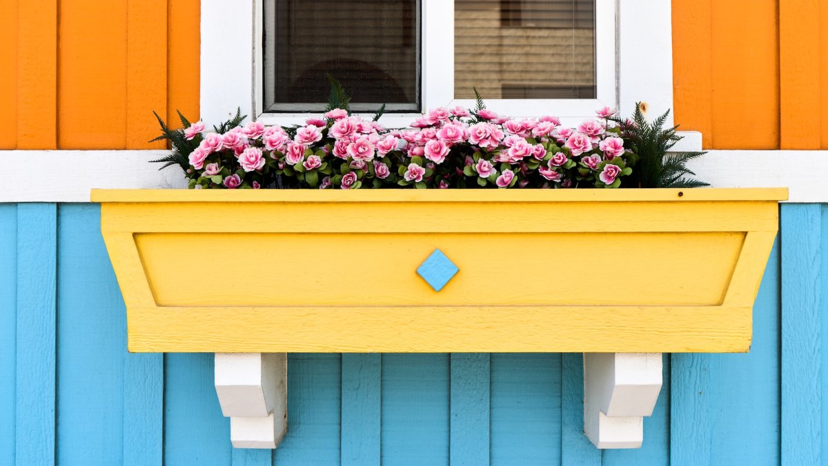 A cheerful yellow window planter holds pink flowers; exterior of house is orange on top and aqua on bottom, with white trim between.