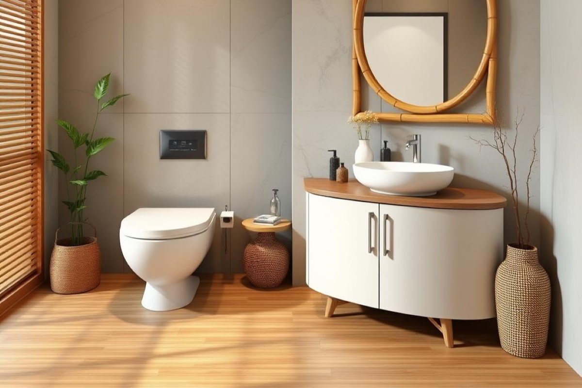 A neutral color designed bathroom with bamboo flooring.