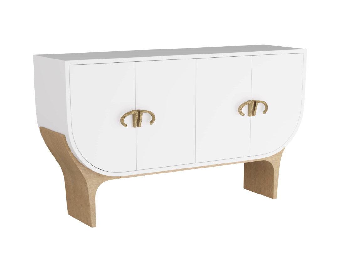 a white and blond wood credenza by Arteriors