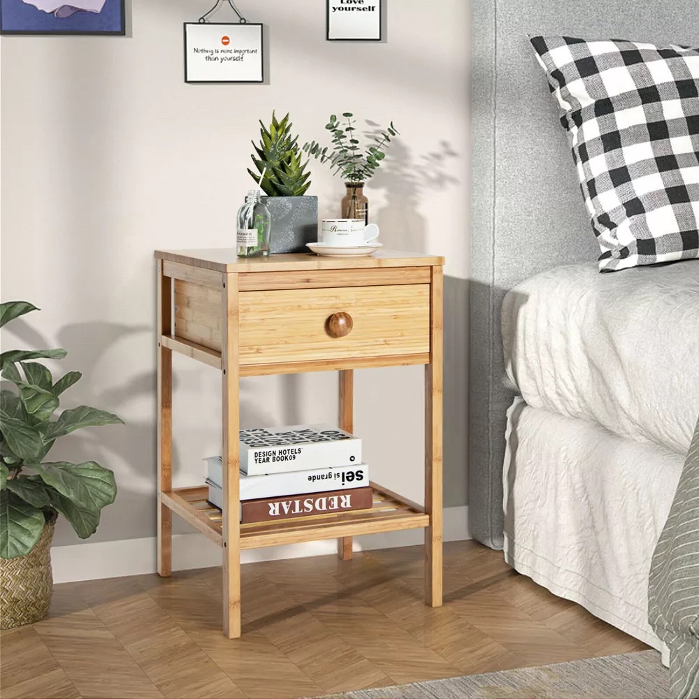 Costway Bamboo Nightstand Natural Side End Table w/Drawer for Living Room