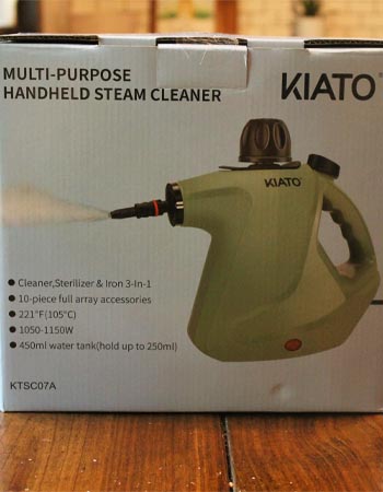 The Kiato handheld steam cleaner pictured still in its box