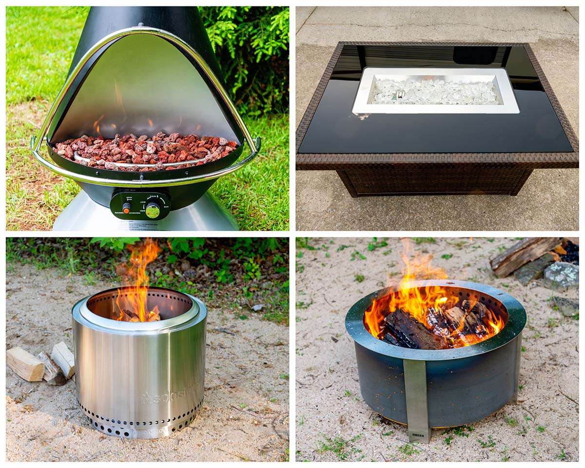 Four of the best fire pits burning gas and wood during testing.
