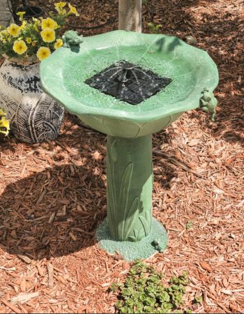 Fountain spray in solar bird bath bowl