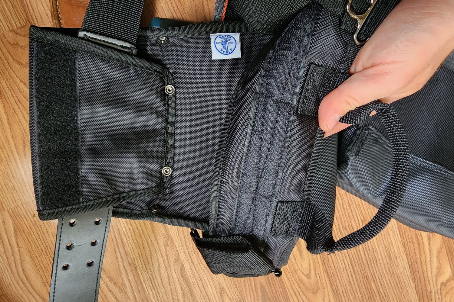 A close-up of the Klein Tools Tradesman Pro Electrician's Tool Belt