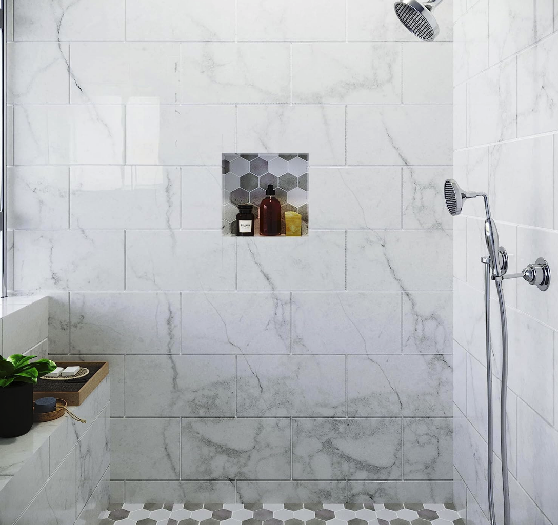 grey marble luxury shower with small shower niche with grey hexagon tiles