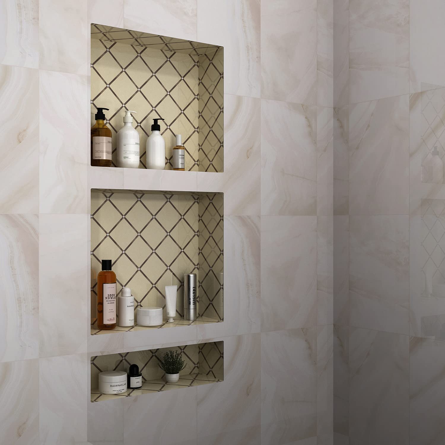 marble tile bathroom wall with niche with zigzag patterned background