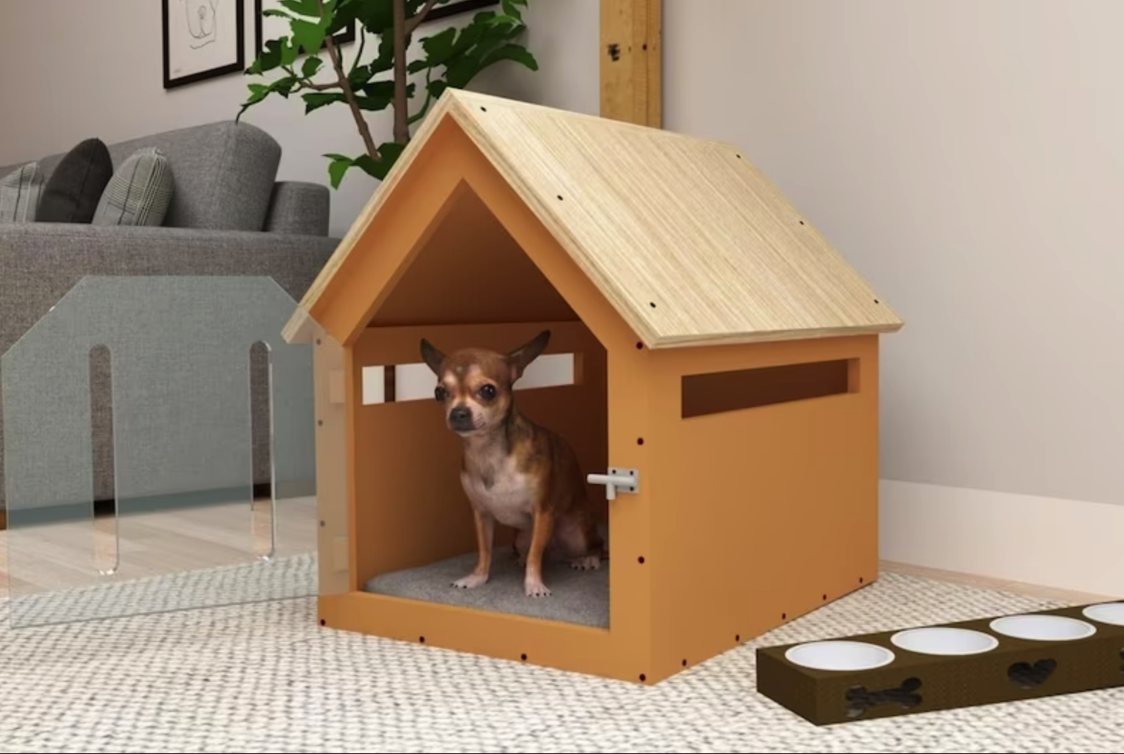 wood panel diy dog house with door and latch in living room with small dog inside