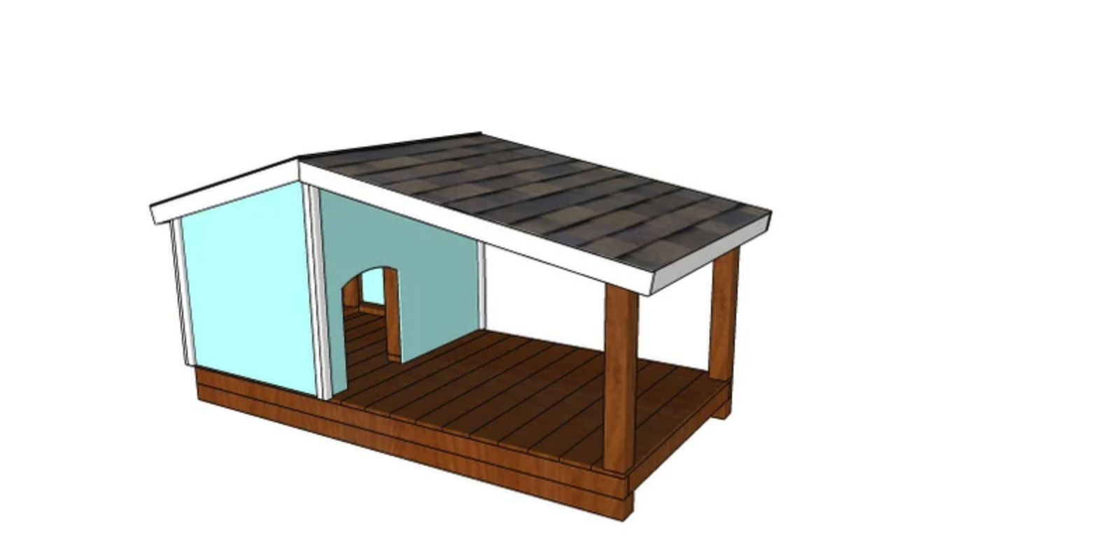 product sketch of dog house made of wood with teel paneling and an extended covered porch