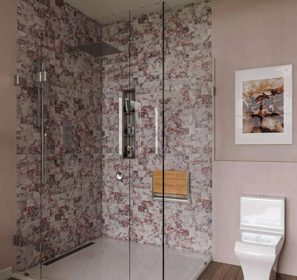 pink bathroom with marble tiled shower with a thin rectangular niche