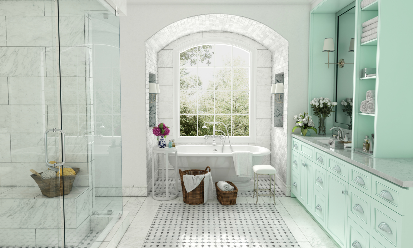 mint-green-cabinets-in-a-white-bathroom-with-a-tub-and-shower