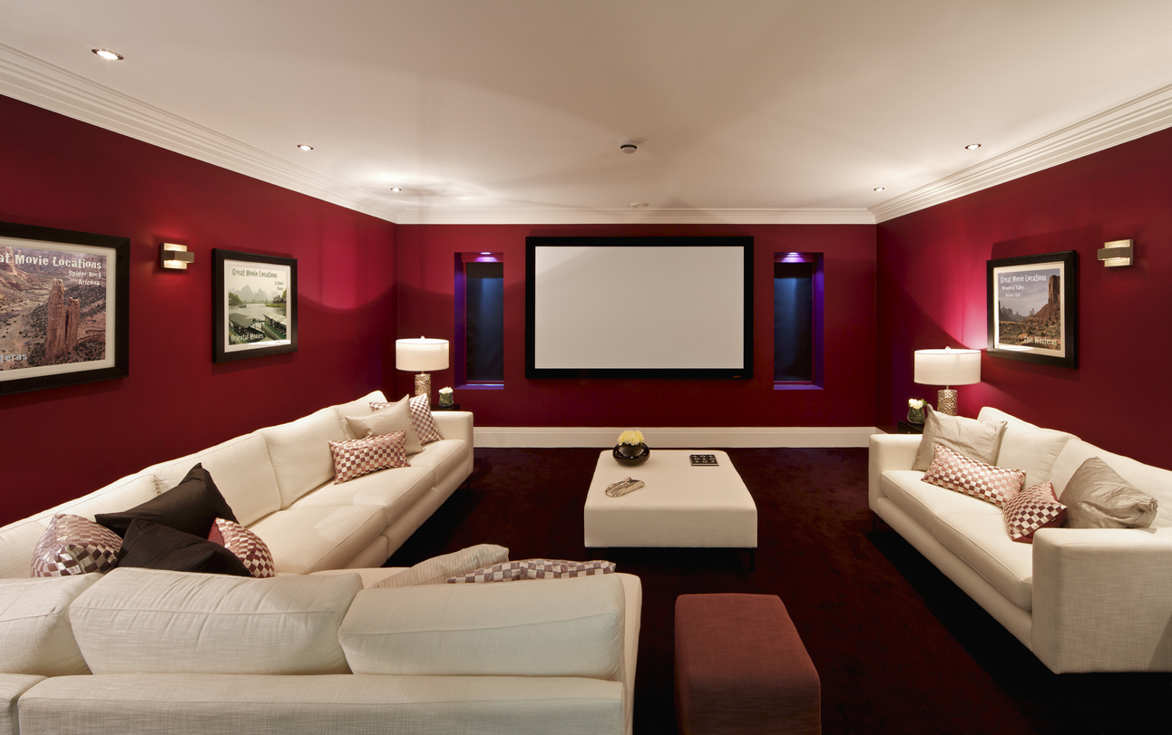 Basement Movie Room Painted with Red Walls