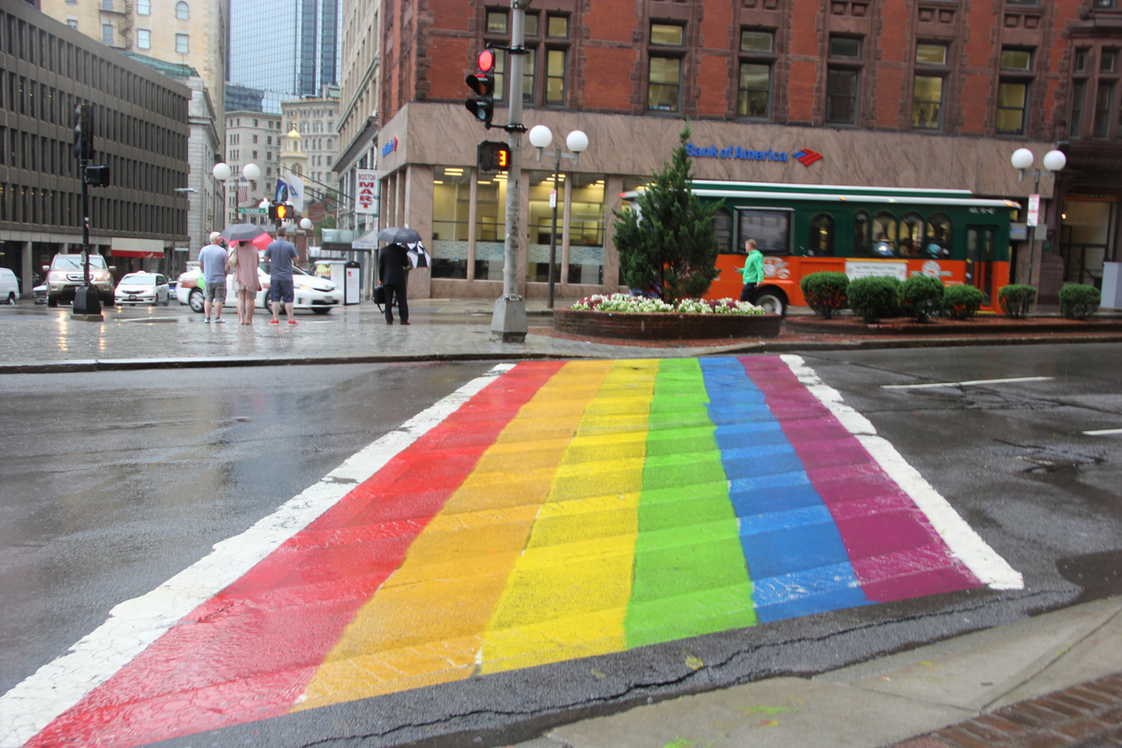 Boston Ma USA , July 16 2014 , rainbow crosswalk near Boston city hall in support of Gay pride week for the gay and Lesbian community