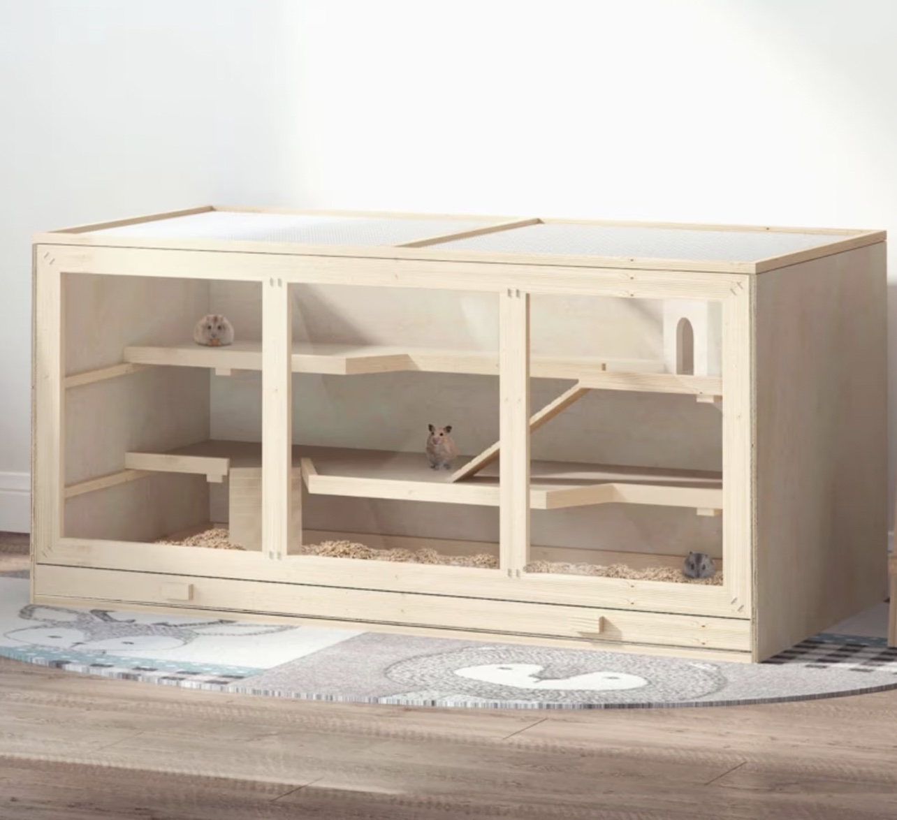 three-tier hamster cage made of light colored wood