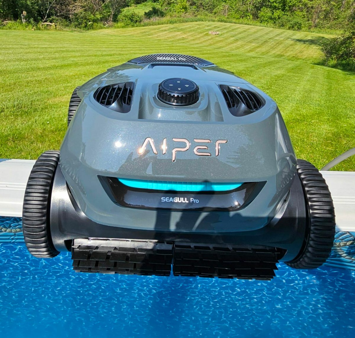 Close up of Apier Seagull robotic pool cleaner