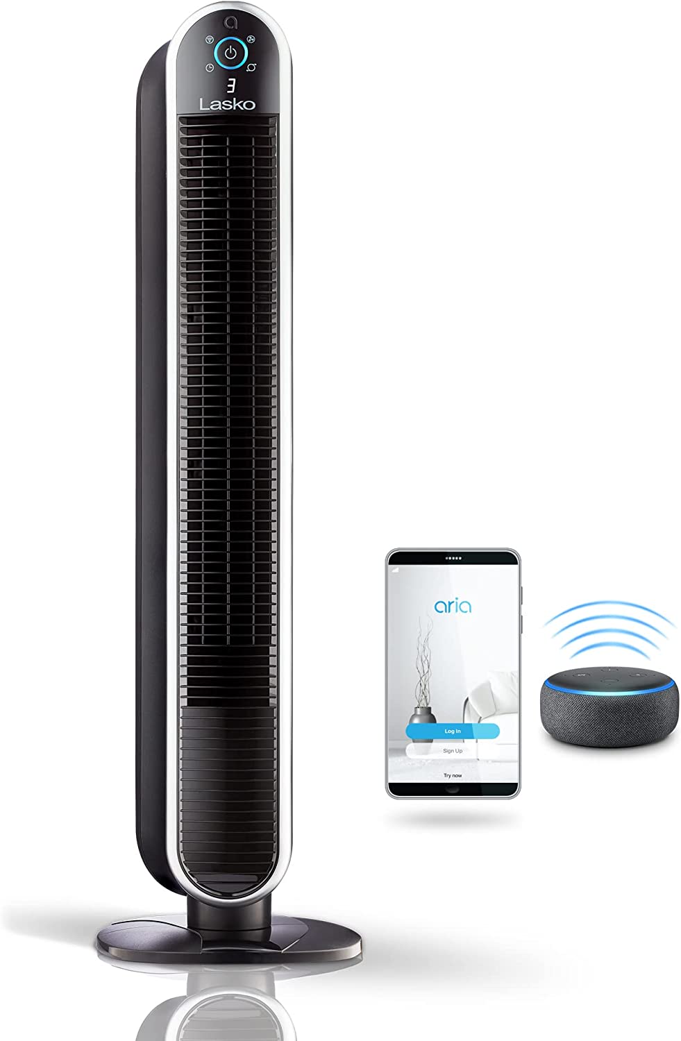 Lasko 40” Smart Oscillating Tower Fan Powered by Aria, Wi-Fi Connected, Voice Controlled, Compatible with Alexa and Google Assistant, Timer, 5-Speeds, Black.