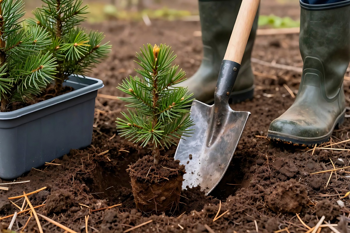 Gardener planting small pine seedling in soil. Woman uses shovel to plant young coniferous tree in garden. Concept of ecology, forest restoration, nature conservation and spring planting.