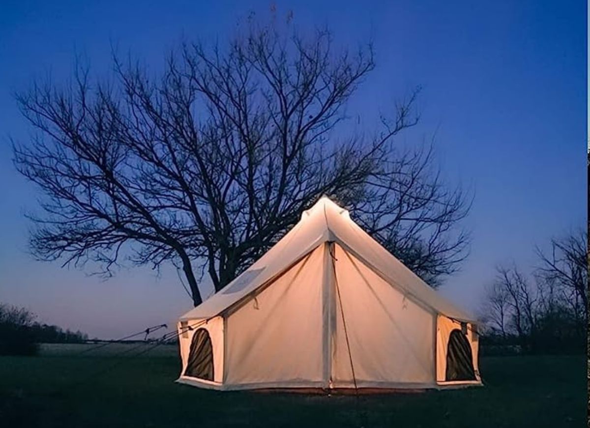 Avalon Bell Tent in Yard at Dusk