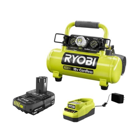  The Ryobi One+ 18V Cordless 1-Gal. Air Compressor Kit on a white background.