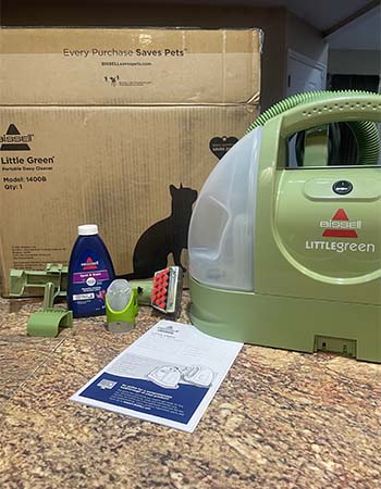 Bissell Little Green accessories, cleaner, and box