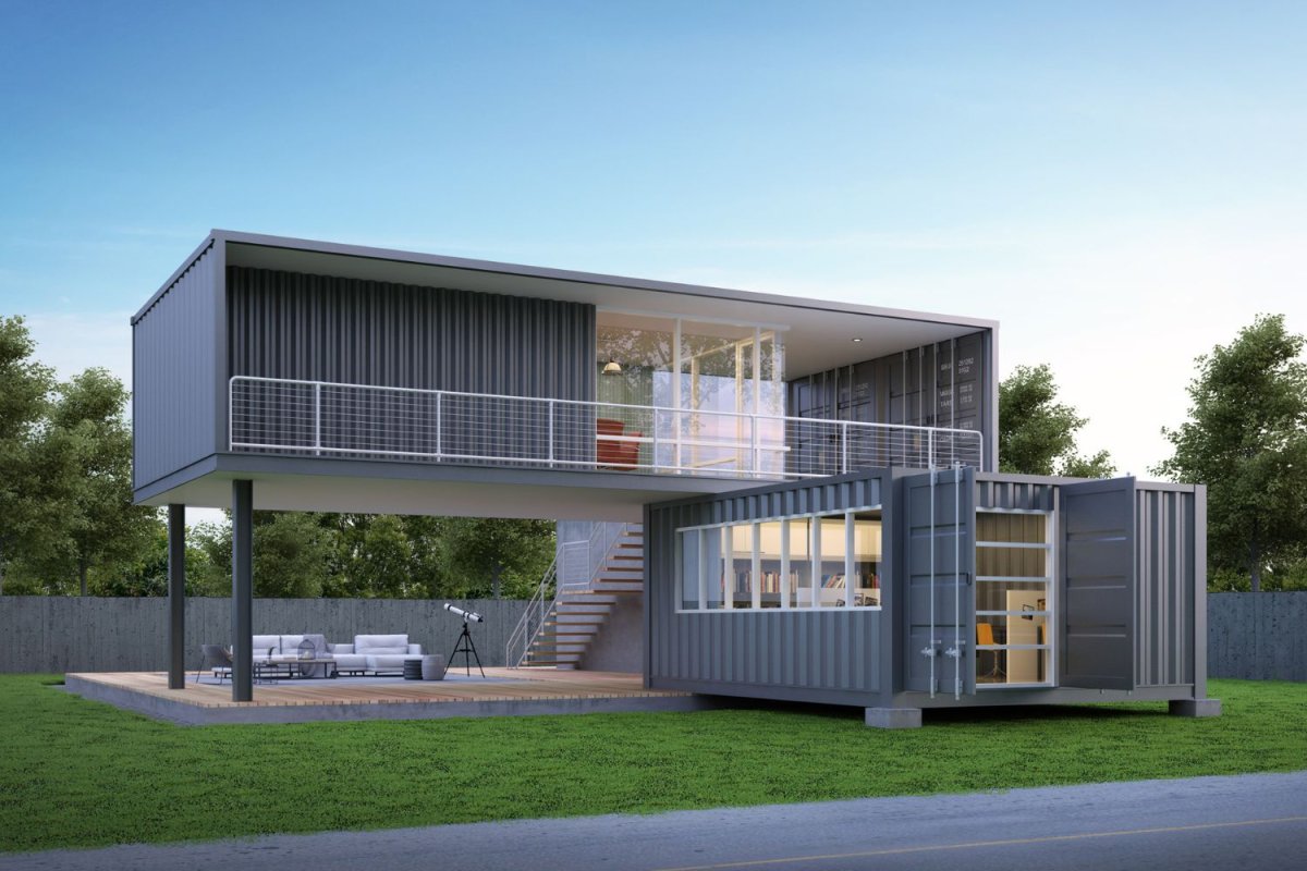 A two-story container home.
