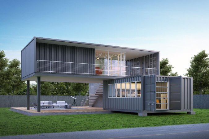 A two-story container home.