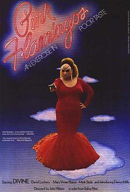 poster for the Pink Flamingos movie with Divine in a red dress