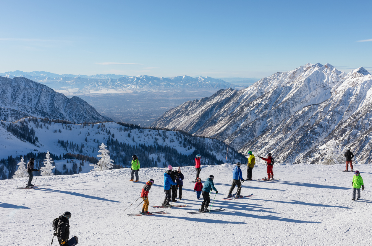 Skiers and snowboarders at the Snowbird Ski Resort in the Rocky Mountains near Salt Lake City, Utah