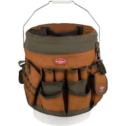 Bucket Boss 56 5-Gallon olive green and brown Canvas Tool Holder on white background