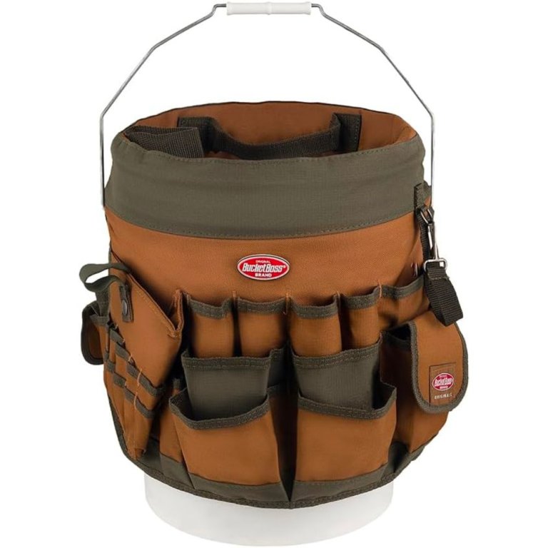  Bucket Boss 56 5-Gallon olive green and brown Canvas Tool Holder on white background