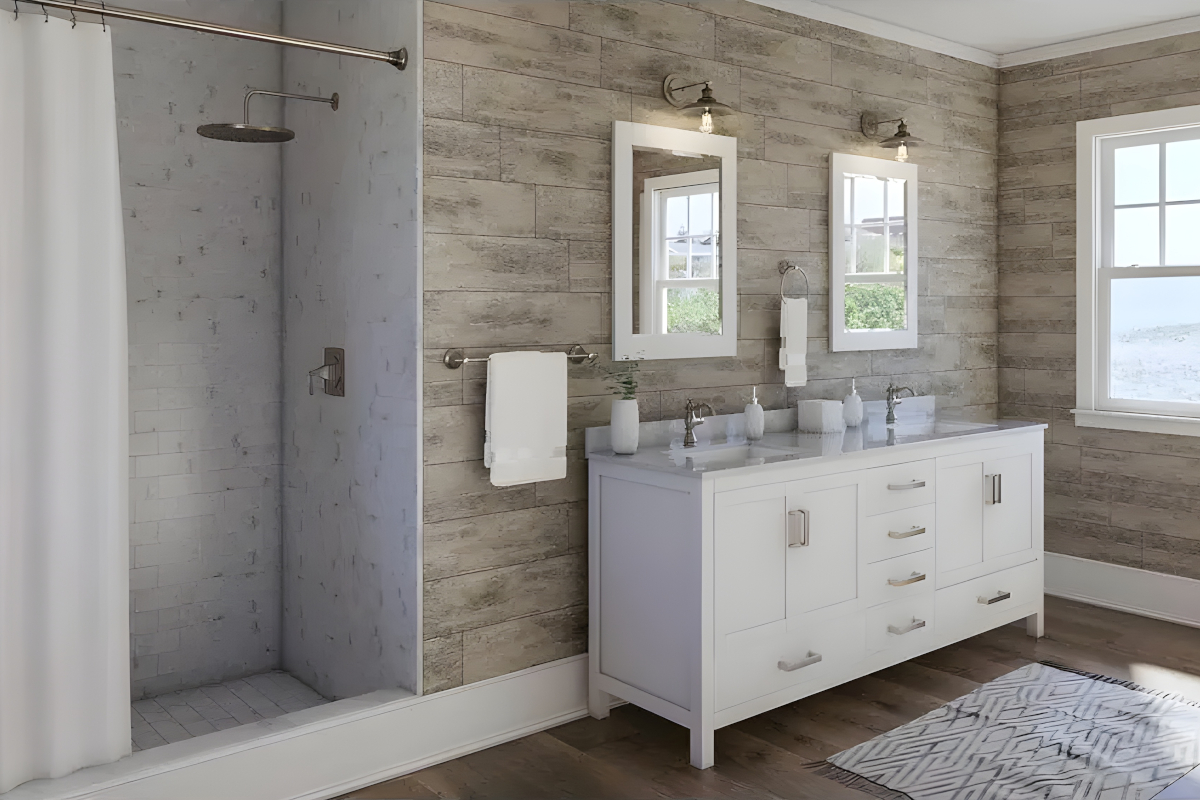 Bright bathroom with various wood-textured tile