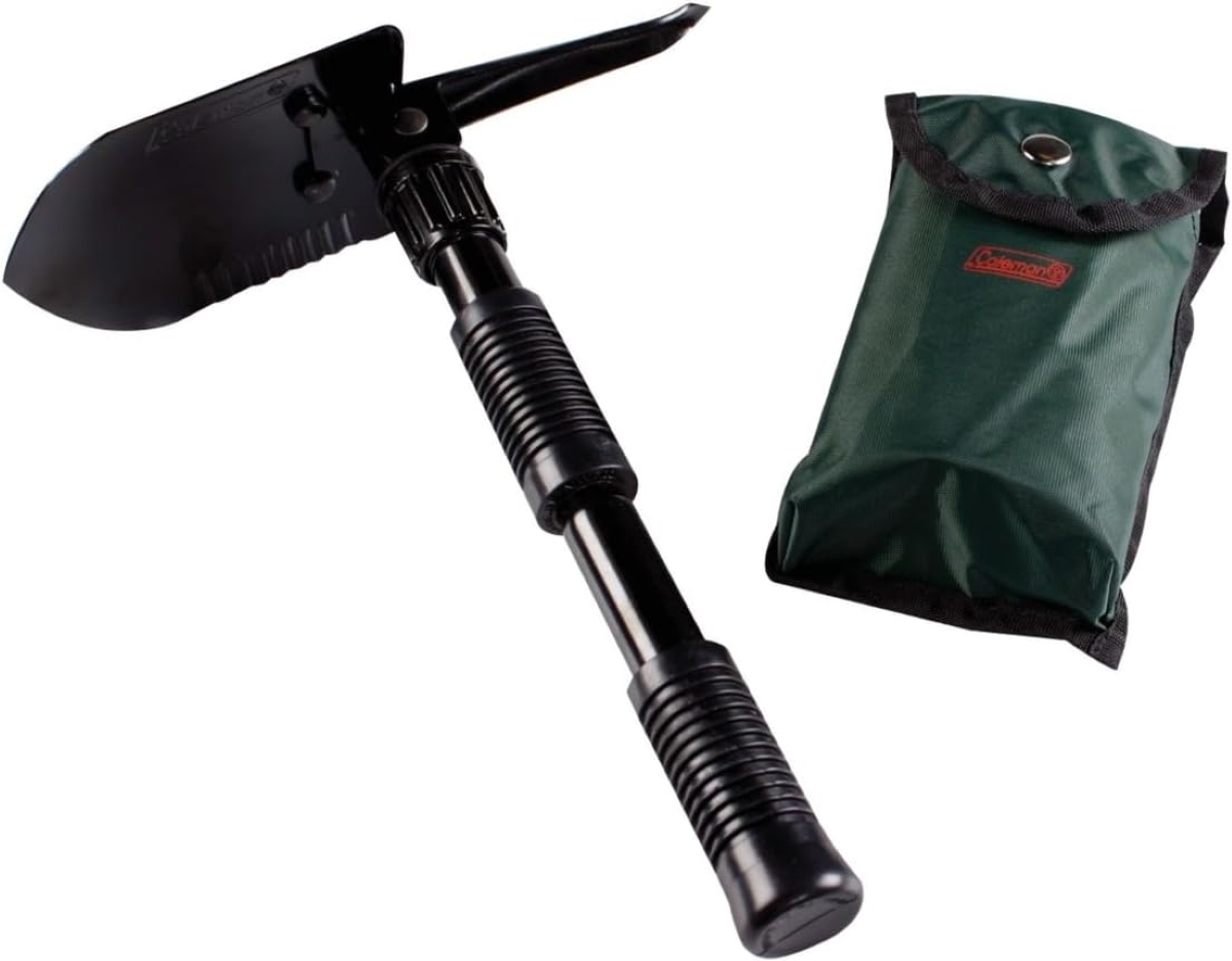 A folding shovel and carry case on white background.