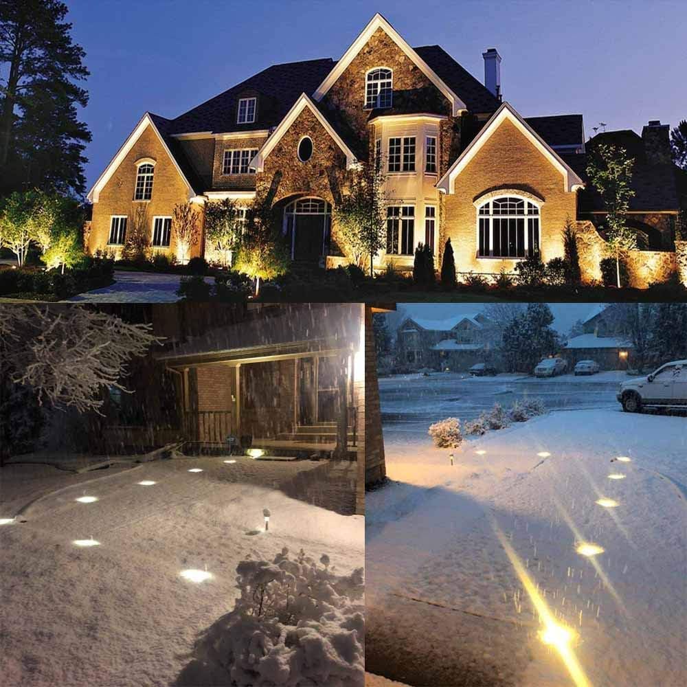 composite of three exterior homes displaying landscape lights in snow covered front lawn and one large mansion at night lit up by landscape lights