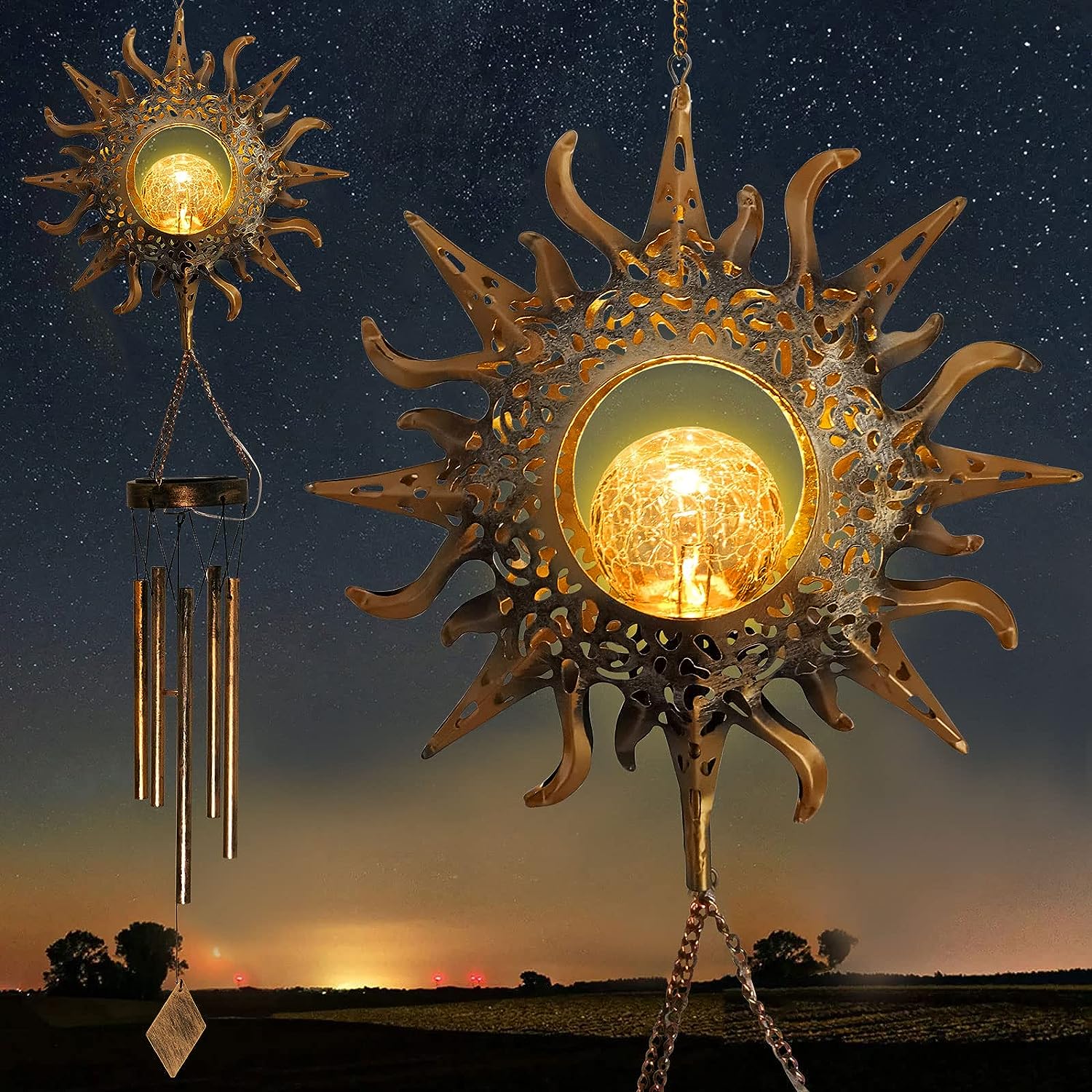 two sun shaped wind chimes with lamps and background of night sky with stars