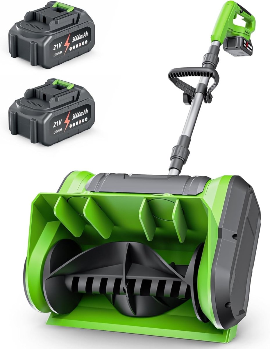 Power snow shovel with battery packs on white background.