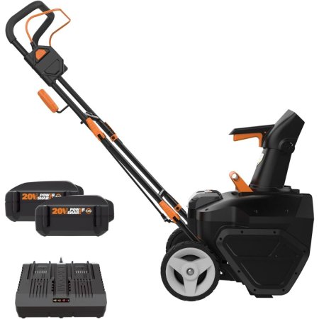  The best cheap snow blower option next to its charger and batteries