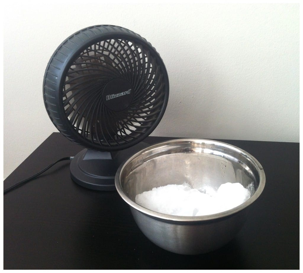 Fan on table with bowl of ice on the table