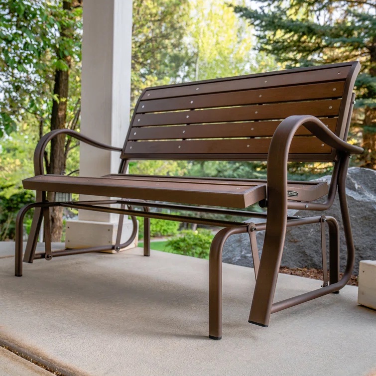 Wooden garden bench made of weather-resistant materials.