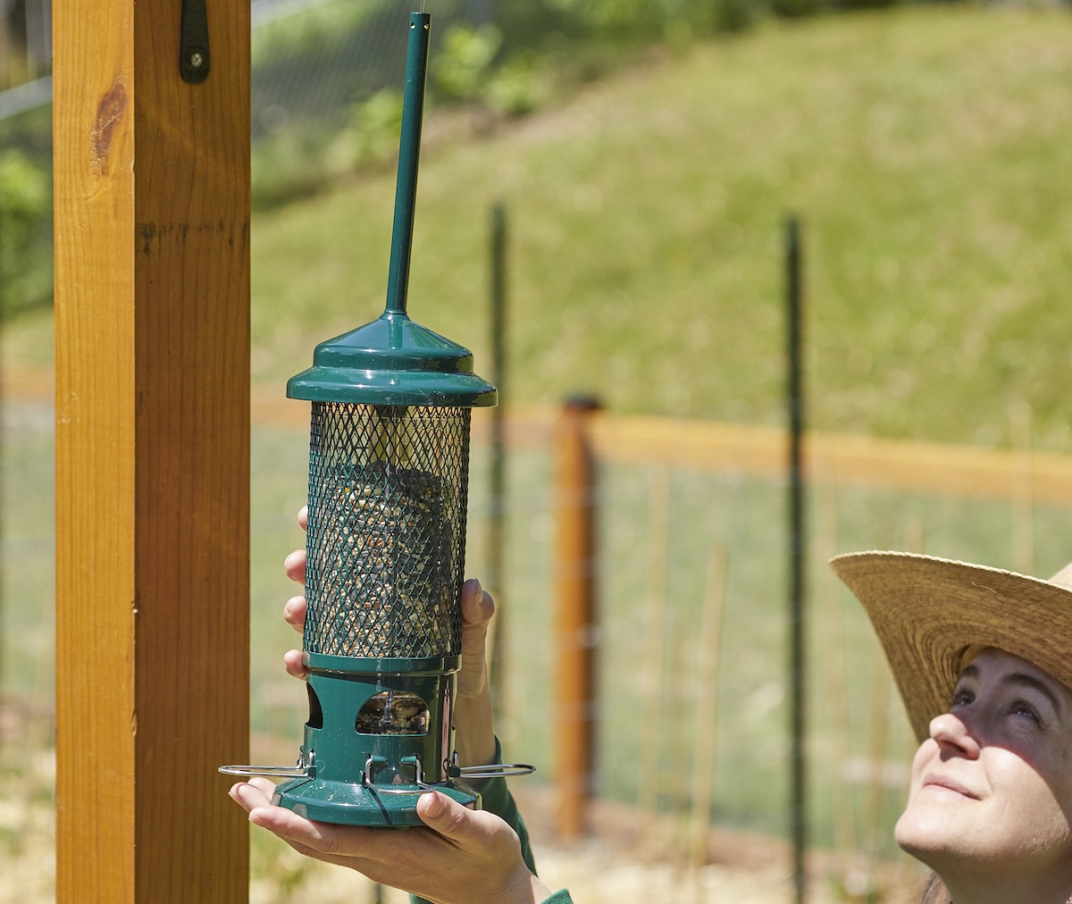 Woman wearing sun hat takes bird feeder down from hanging post.