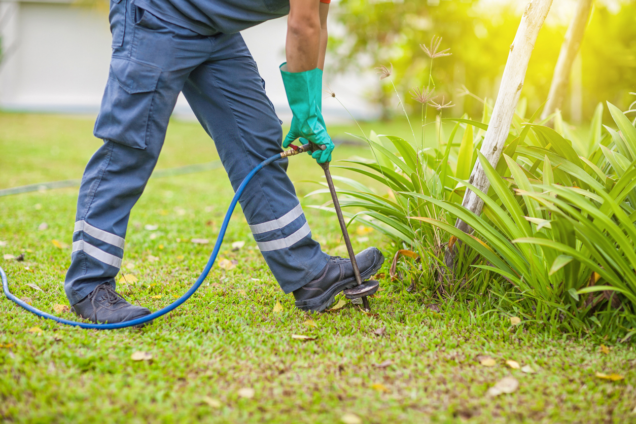 view from waste down of professional in uniform injecting termite control chemicals into lawn with hose