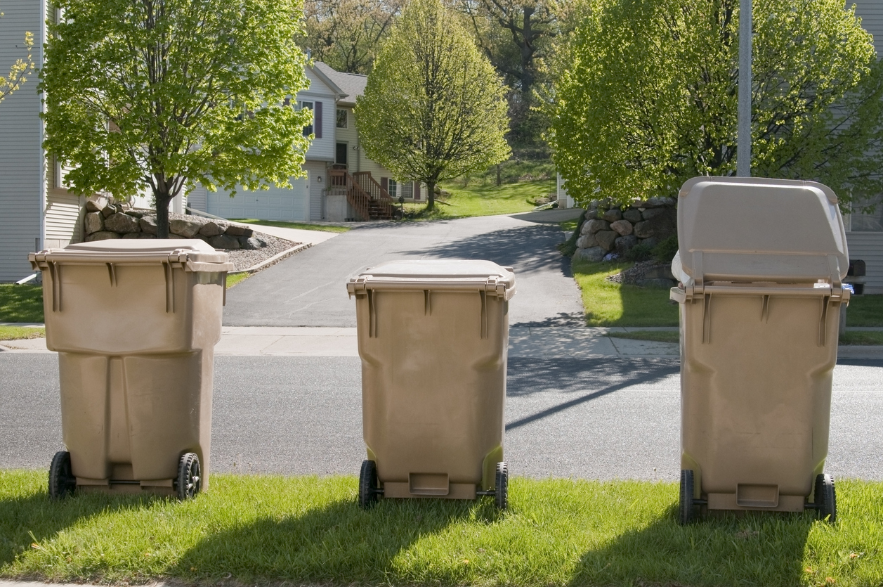 three empty brown trash cans on edge of lawn on residential street