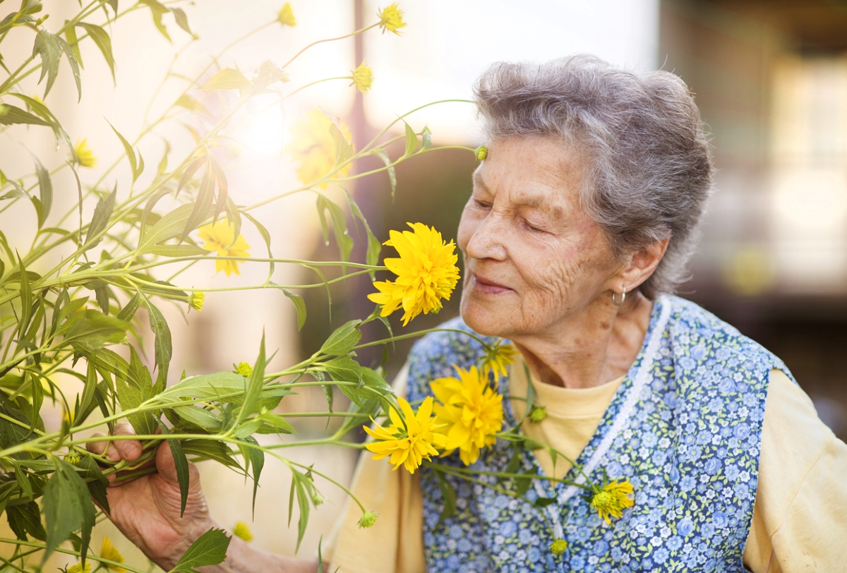 Older woman smelling flower in garden