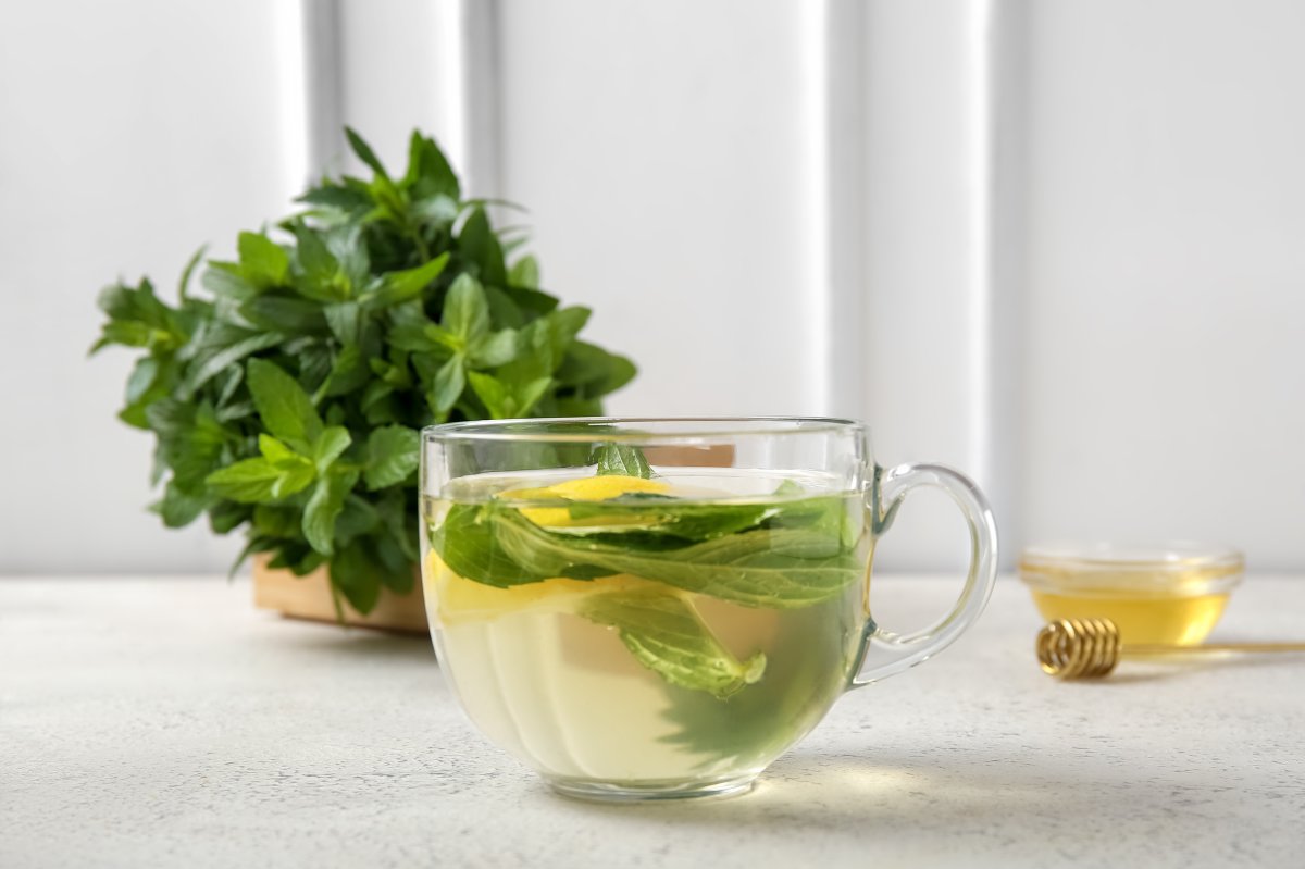 Cup of fresh mint tea with lemon and honey on a white table, a mint plant in background.