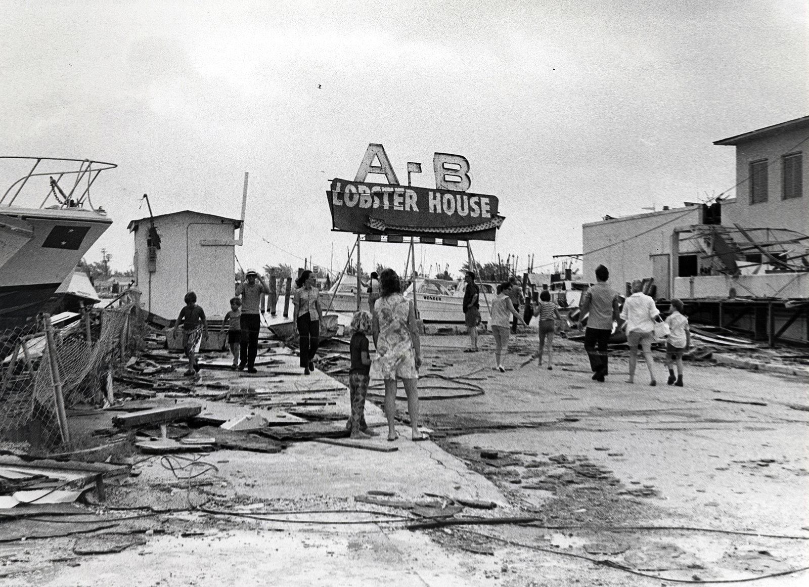 The damage caused at the Key West bight end of Front Street by a tornado during Hurricane Agnes on June 18, 1972. From the Ida Woodward Barron Collection.